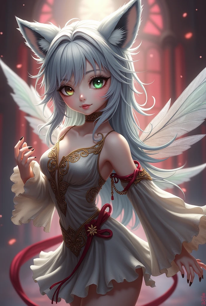 Super mini size、eye々crisp、One eye is green、the other eye is brown.、length, Curled eyelashes、Hair is silver、Raccoon Ears、Wearing fluttery clothing、Beautiful fairy、Red background
