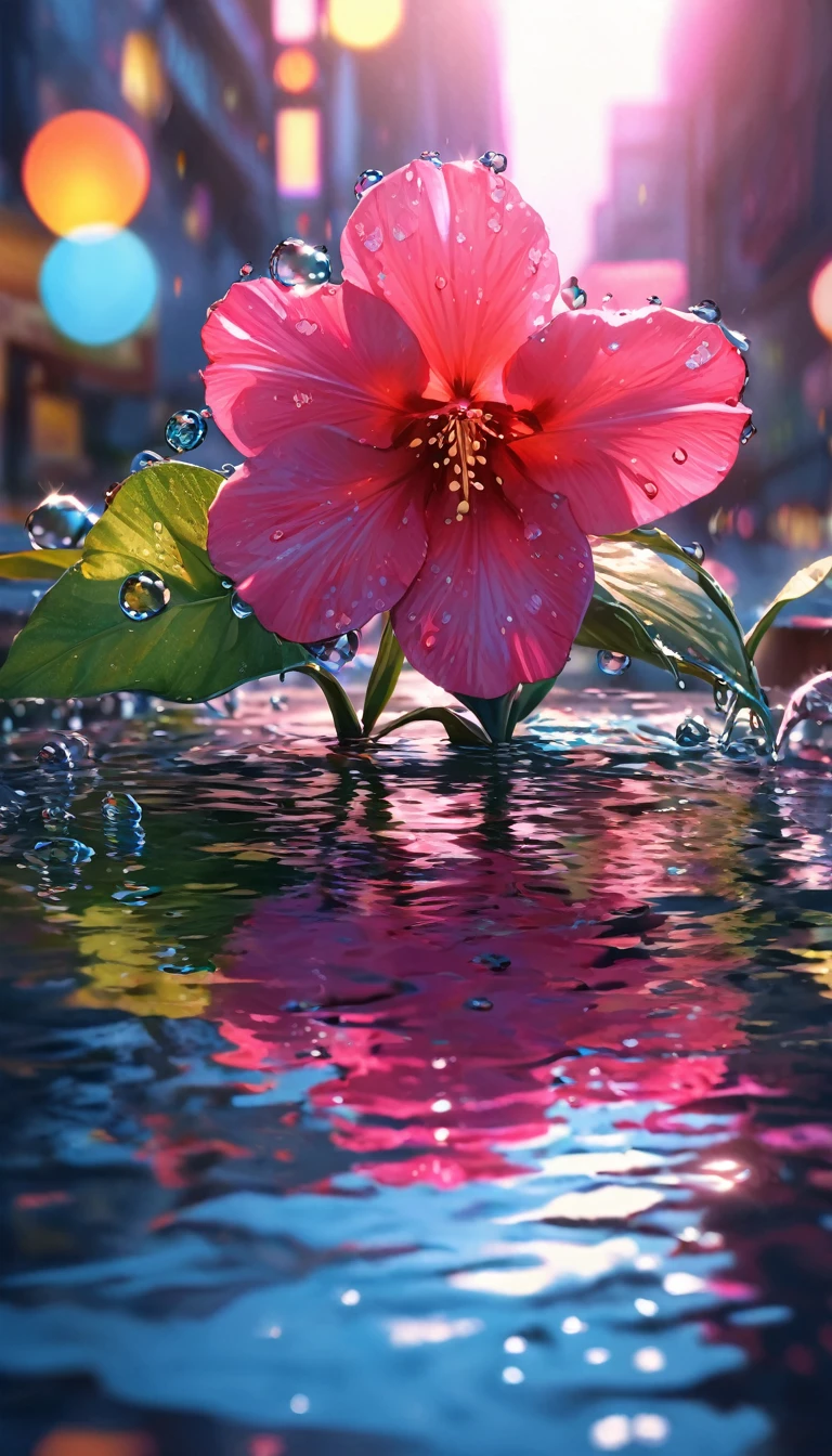 hibiscus flower,water droplets,(best quality,4k,8k,highres,masterpiece:1.2),ultra-detailed,(realistic,photorealistic,photo-realistic:1.37),neon lights,sunrise sky,blurred background,bokeh lighting,vivid colors,dramatic lighting