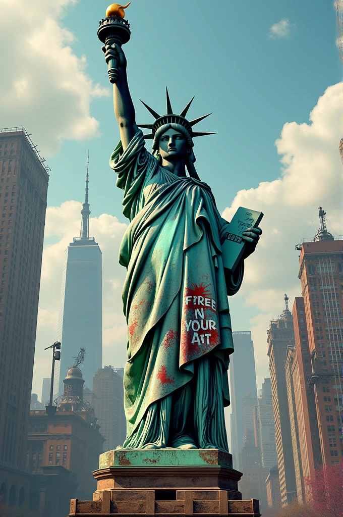 I want a Statue of Liberty with an urban style and large graffiti that says in English be free in your art