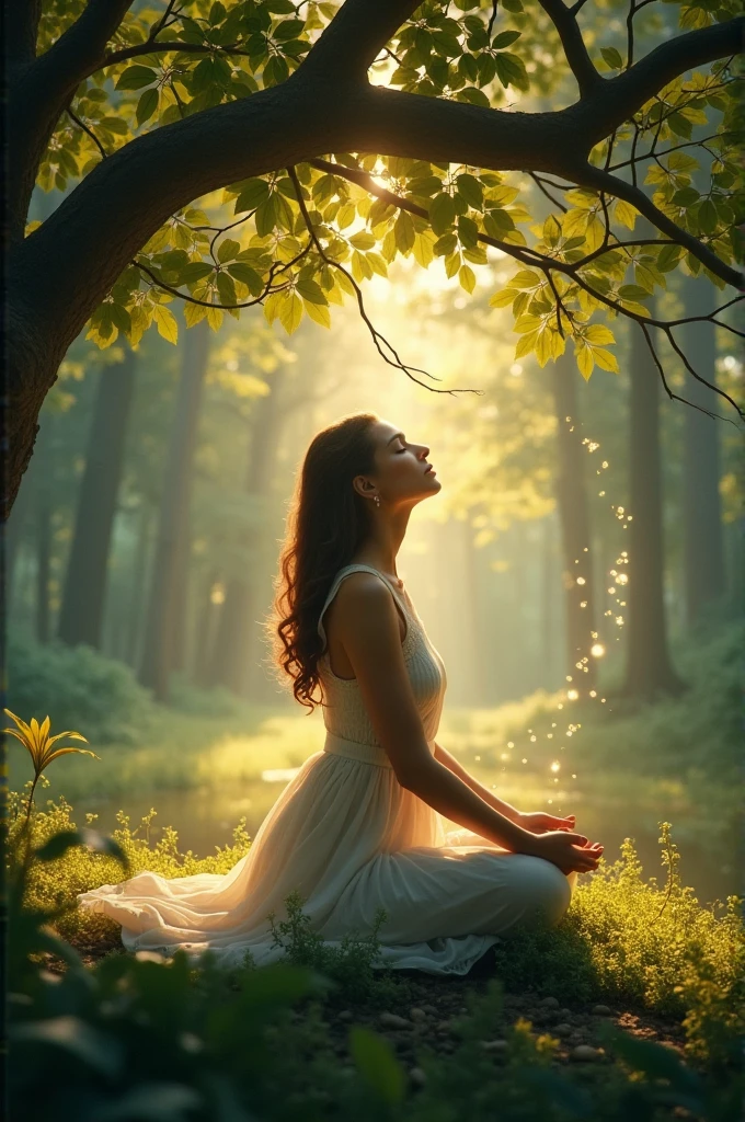 "Asha sits cross-legged under the tree, her eyes closed, with a peaceful expression on her face. The leaves of the tree gently sway in the wind, and faint, glowing whispers seem to flow from the branches towards her ears. The background shows the calm, serene forest, with soft light illuminating the scene, emphasizing the magical connection between Asha and the tree."
