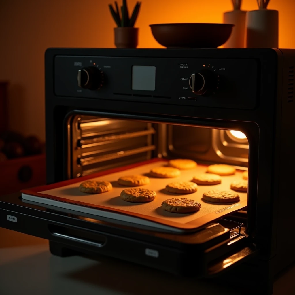 "Round cookies baking in a black modern oven with no items on top, orange lighting illuminating the scene, no people present, focused on the oven. The cookies are baking on a silicone mat placed on an oven tray."