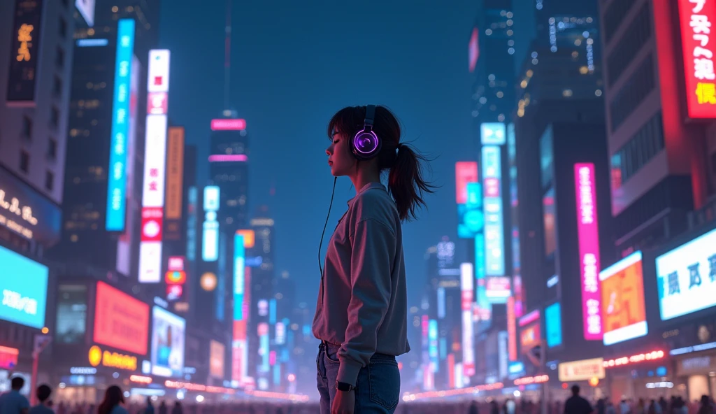 8K(Highest quality)(masterpiece)City of night、Girl wearing headphones and listening to music、Colorful