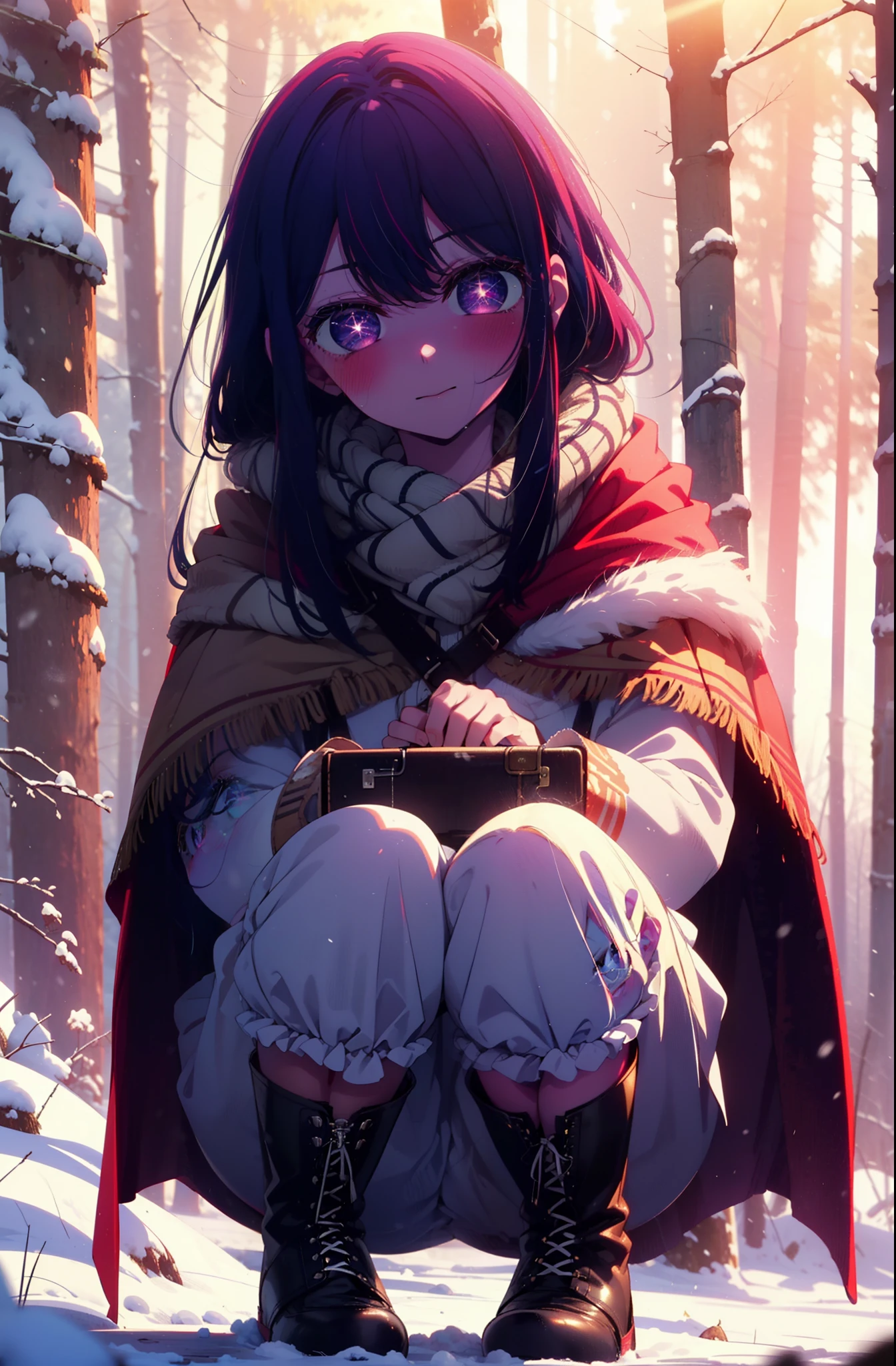 aihoshino, Ai Hoshino, Long Hair, bangs, (Purple eyes:1.1), Purple Hair, (Symbol-shaped pupil:1.5), smile,,smile,blush,white breath,
Open your mouth,snow,Ground bonfire, Outdoor, boots, snowing, From the side, wood, suitcase, Cape, Blurred, , forest, White handbag, nature, Squat, Mouth closed, Cape, winter, Written boundary depth, Black shoes, red Cape break looking at viewer, Upper Body, whole body, break Outdoor, forest, nature, break (masterpiece:1.2), Highest quality, High resolution, unity 8k wallpaper, (shape:0.8), (Beautiful and beautiful eyes:1.6), Highly detailed face, Perfect lighting, Highly detailed CG, (Perfect hands, Perfect Anatomy),