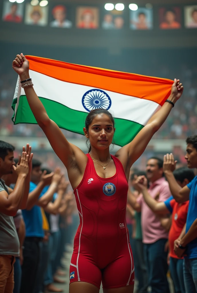 Antim Panghal standing with Indian flag and welcome greetings written with photos of her
