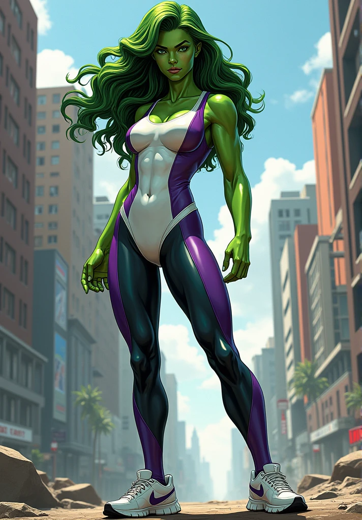 She-Hulk in white and purple leotard, white and purple sneakers