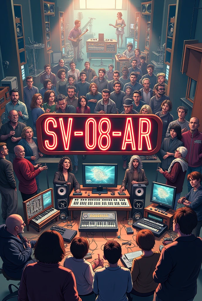 Make a CD cover with a sign that says SV-08-AR and dynamic images of several people in the studio