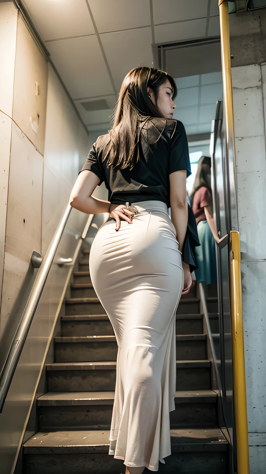 (Climbing the stairs at the station:1.2)、8Export、((Wearing a tight, long skirt:1.4)、White shirt、Women's bag on shoulder)、(Rear View、View from directly below)、(Realistic、Like a photograph、Live Action、8k, Realistic, RAW Photos, Best image quality: 1.4), Single-lens reflex camera、RAW Photos, Highest quality, Realistic, Highly detailed CG Unity 8k wallpaper, Written boundary depth, Cinematic Light, Lens flare, Ray Tracing, Realistic background、((ultra high density skin))、 (whole body:1.5)、Long Hair 1.2、ponytail、Hair blowing in the wind:1.4)、I like that style、stylish、Very detailed、Pay attention to the details、Perfect outfit、(Sunburned skin)、Rear View、Accurate hands、Accurate legs、Detailed hands and fingers、Anatomically correct body、Thin legs、Thin thighs、Small breasts、Very detailedな顔