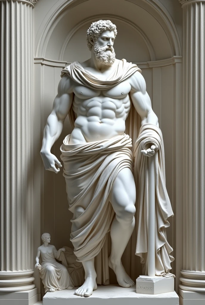 "Transform your concept into an incredible image made entirely of marble: a strong and stoic man, inspired by the Stoic era. His features are striking and classic, with a focused expression that conveys wisdom. He is wearing a Roman toga, showing off his muscles, and Roman architectural elements of a city in the background, creating an imposing and timeless image, highlighting his strength and serenity."