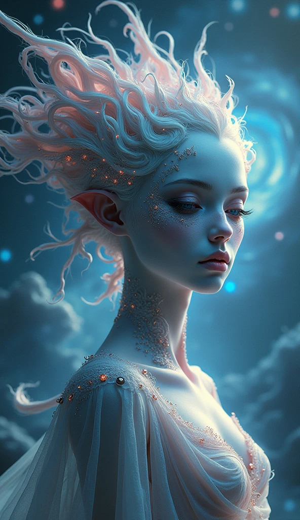 surreal alien girl in space, breathtaking cosmic landscape, glowing nebulae, swirling galaxies, dramatic lighting, cinematic composition, vibrant colors, ethereal atmosphere, hyper-detailed, intricate details, dreamlike, mystical, fantastical, awe-inspiring, (best quality,4k,8k,highres,masterpiece:1.2),ultra-detailed,(realistic,photorealistic,photo-realistic:1.37)