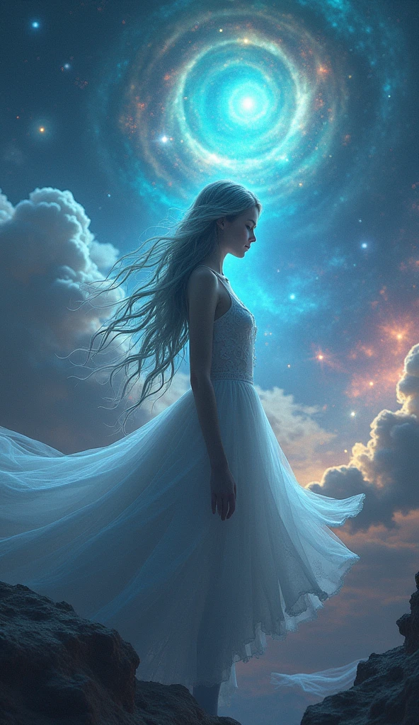 surreal alien girl in space, breathtaking cosmic landscape, glowing nebulae, swirling galaxies, dramatic lighting, cinematic composition, vibrant colors, ethereal atmosphere, hyper-detailed, intricate details, dreamlike, mystical, fantastical, awe-inspiring, (best quality,4k,8k,highres,masterpiece:1.2),ultra-detailed,(realistic,photorealistic,photo-realistic:1.37)