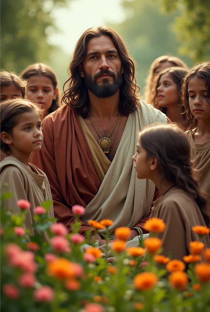masterpiece), (highly detailed),jesus With his israel children , beautiful, flowers, nature shot, real photography, 8K, HD