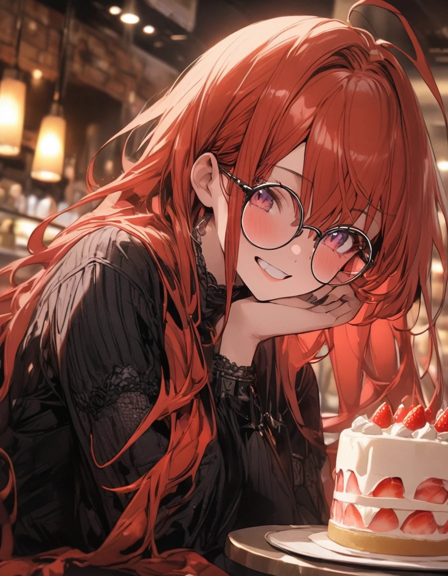 masterpiece、girl、Redhead、Long Hair、smile、Wearing Glass,(((Big Cake)))、Focus on the face,Cafe Background
