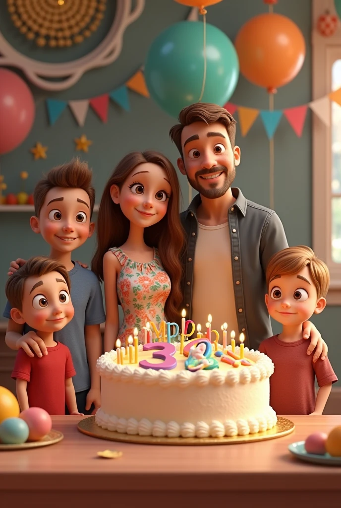 Cute girl with long light brown hair wearing a birthday dress, turning 30 years old, 30,year old man standing with 1 cute boy and 1 cute boy standing next to a elephant birthday cake that says happy 30th birthday in bright color icing, part decorations in background 3D Pixar style