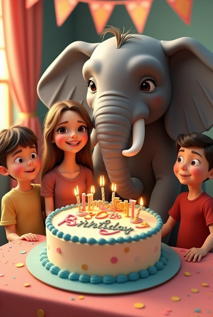 Cute girl with long light brown hair wearing a birthday dress, turning 30 years old, 30,year old man standing with 1 cute boy and 1 cute boy standing next to a elephant birthday cake that says happy 30th birthday in bright color icing, part decorations in background 3D Pixar style