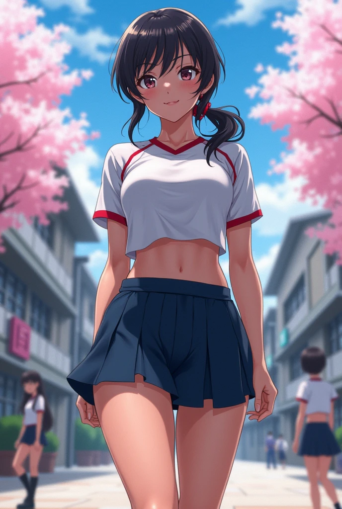 A Japanese high school girl with muscular calves and a muscular body.