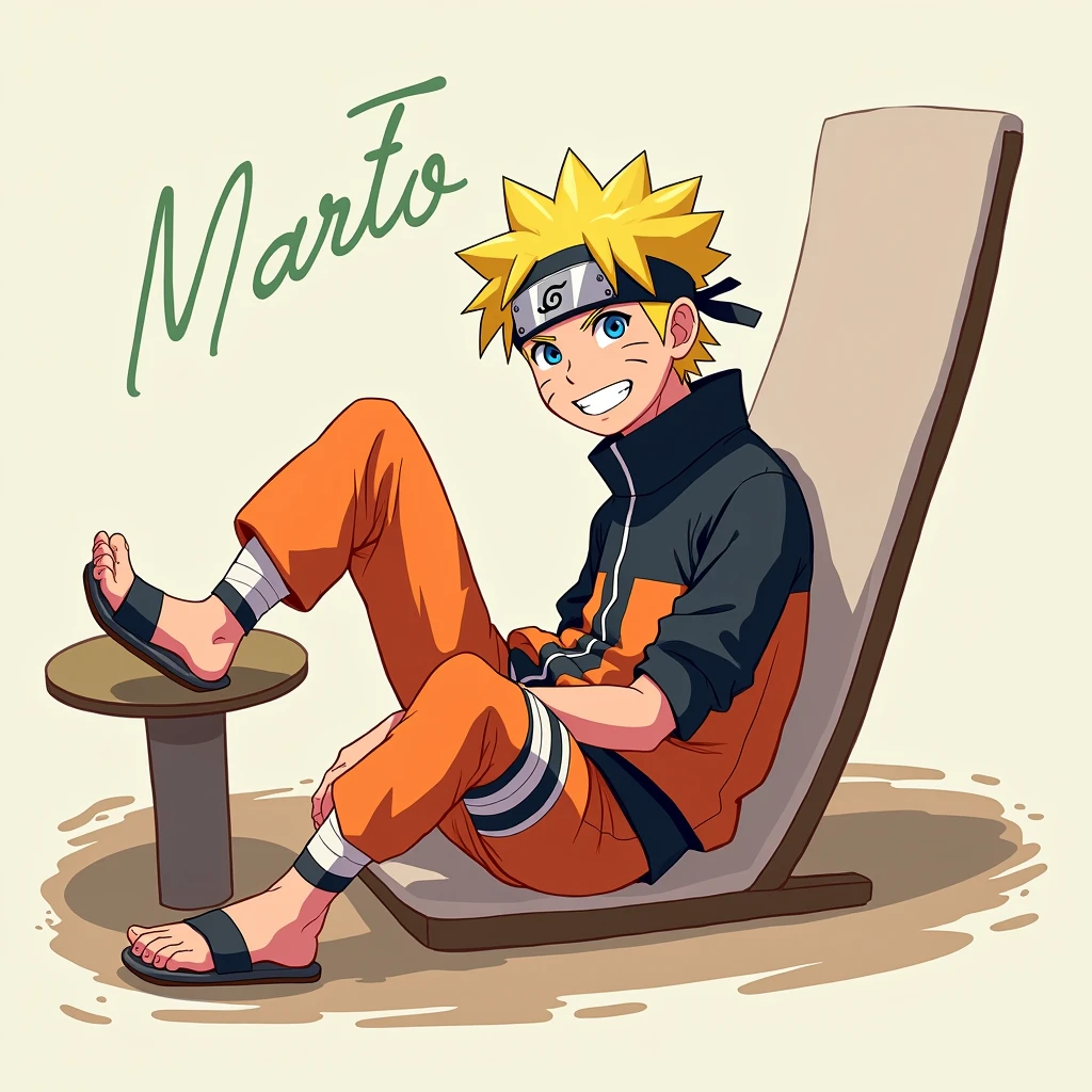 /flux 2D anime style of classic Naruto Uzumaki barefoot lifting his feet on table