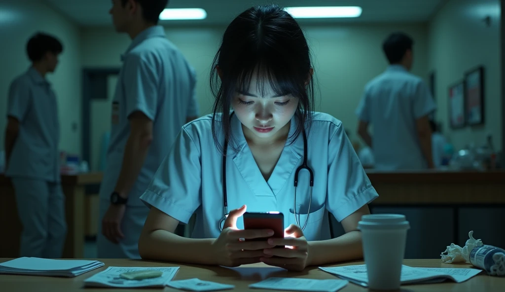 Create an image of an Asian female nurse addicted to online gambling,Sexual harassment,using phone