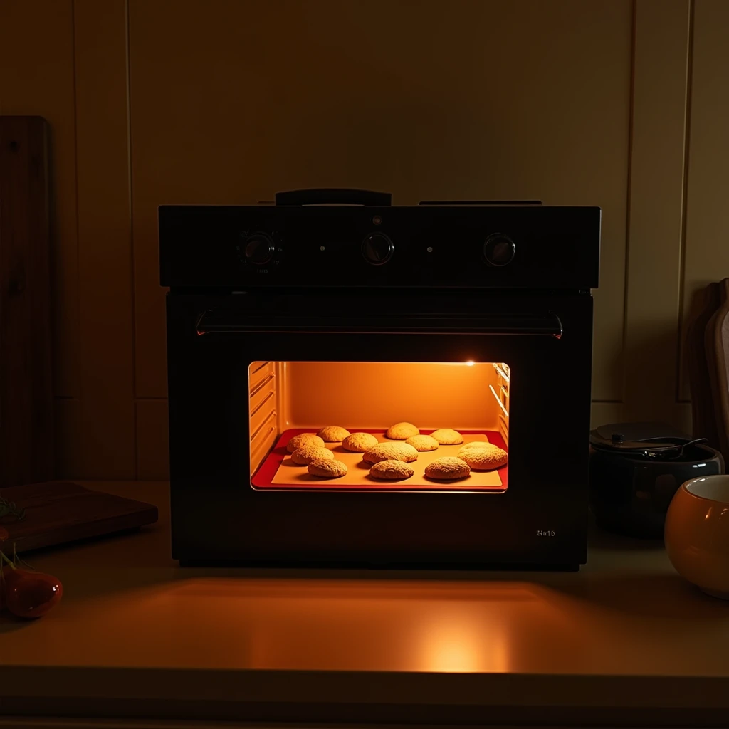 "Round cookies baking in a black modern oven with no items on top, orange lighting illuminating the scene, no people present, focused on the oven. The cookies are baking on a silicone mat placed on an oven tray."