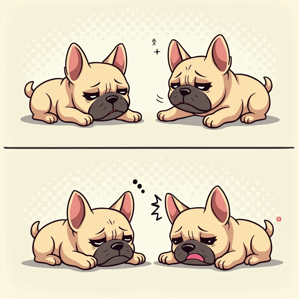 Chibi Style, 2-panel cartoon, dot halftone, Flat Color, French bulldog having difficulty breathing,Snoring,Coughing,Sad, 