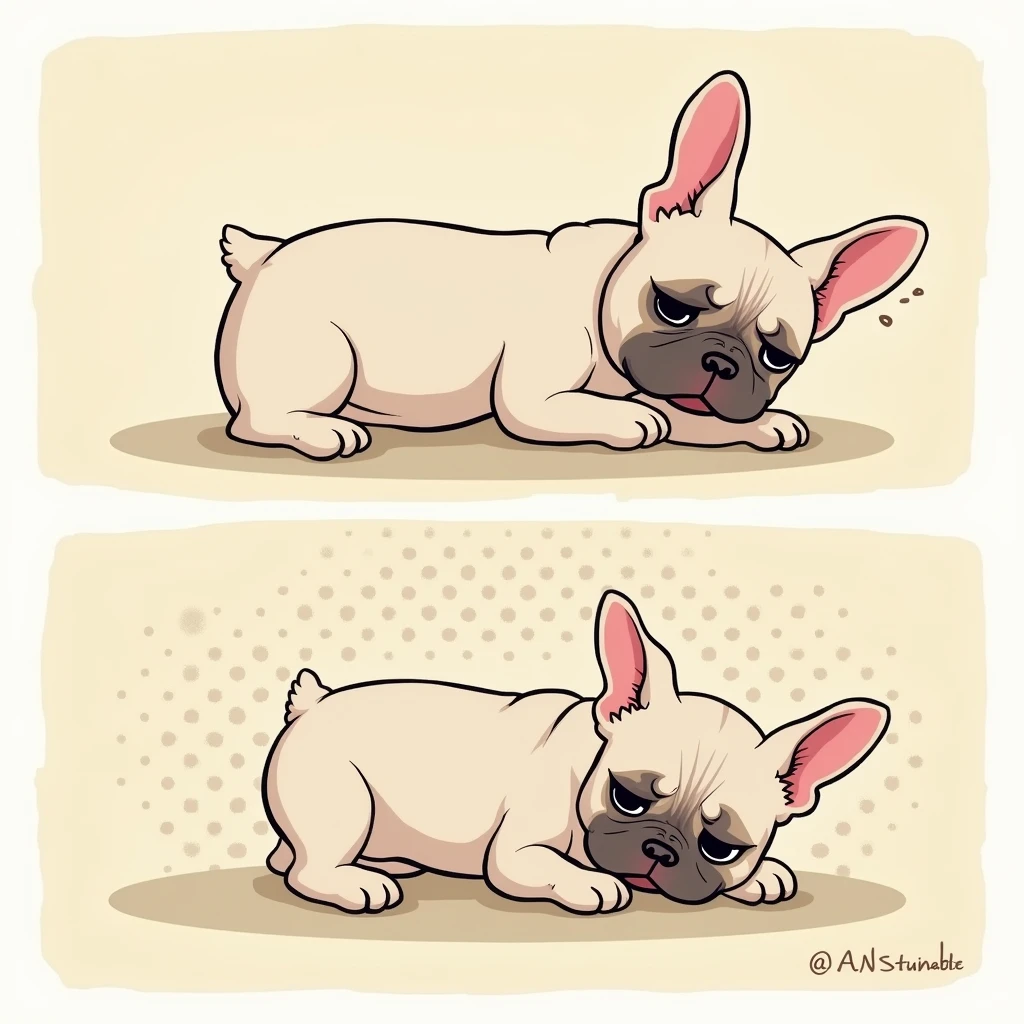 Chibi Style, 2-panel cartoon, dot halftone, Flat Color, French bulldog having difficulty breathing,Snoring,Coughing,Sad, 