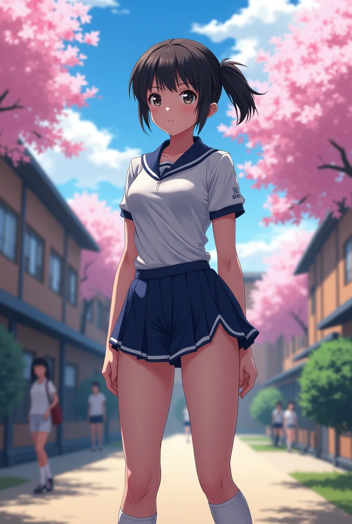 A Japanese high school girl with muscular calves and a muscular body.
