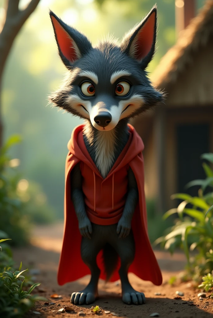 closeup 3D illustration, (1male wolf:1.2), (sinister yet playful expression:1.5), dangerously playful, dark humour, wearing a red cape and a red hoodie standing on its too feet like a cartoon character, lean build, (disproportionate body long nose and mouth), (smiling notoriously with expression of ), (realistic fur texture), (jungle background:1.4), standing and knocking the door of a straw house, sunlight filtering through the trees, (soft lighting:1.3), (green and earthy color scheme:1.3), (highly detailed), (ultra quality:1.3), (masterpiece), (digital art), 8K resolution, HDR, depth of field, (soft shadows), (photorealistic:1.3), (animation:1.2), (by Greg Rutkowski:0.9), (in the style of Alphonse Mucha), trending on ArtStation, award-winning art