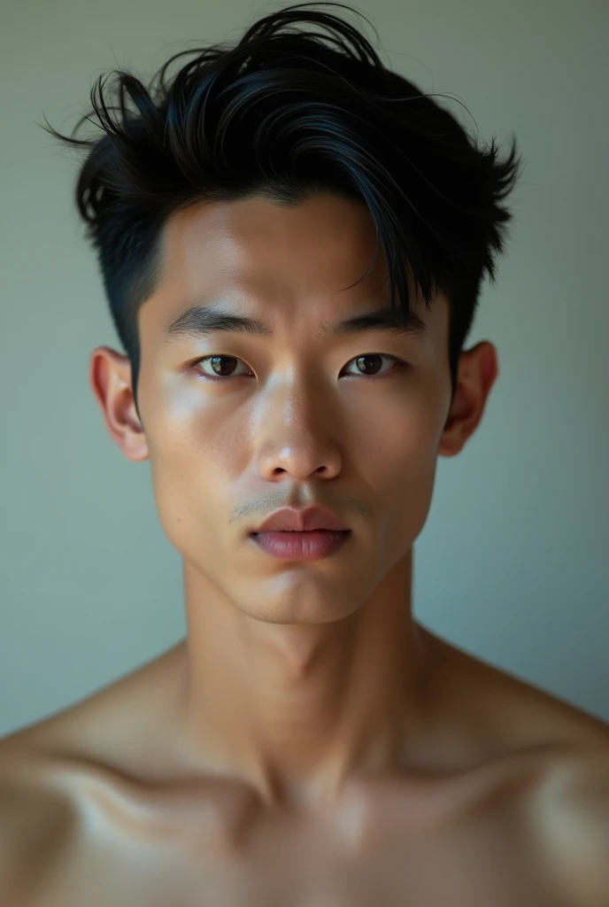 Handsome Japanese Male Model, 　Black Hair　short hair　Shortcuts　Baby Face　Staring straight into the camera with a stern expression　Beautiful Skin　slim and muscular　intense　My eyes are watering　blush 　Naked from the shoulders up　front　encounter　No background　No background　front　encounter