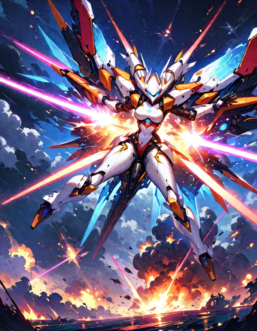 Mechanobiology:1.5,(Highest quality,Extremely detailed depiction,Incredibly absurd high resolution,Anatomically accurate depiction),Female type,Highly precise machine,White futuristic exoskeleton,Mechanical wings,Mechanical thrusters,Flying in the sky,Battle Scenes:1.3,explosion,laser,Beam sabre,Beam cannon,