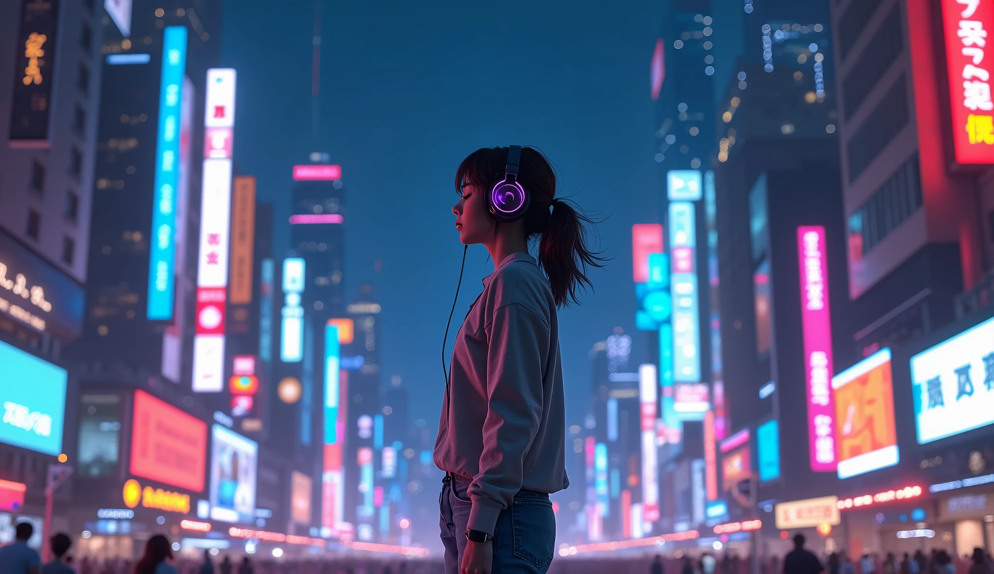 8K(Highest quality)(masterpiece)City of night、Girl wearing headphones and listening to music、Colorful