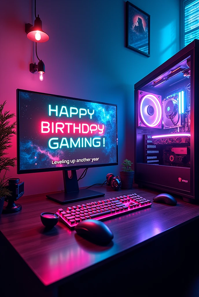 MSI Gaming Birthday Card
Image: A vibrant, neon-lit gaming setup with MSI components (e.g., motherboard, graphics card, keyboard, mouse). The background could be a cosmic scene or a futuristic cityscape.

Text:

Front:

Bold, neon-colored font: Happy Birthday MSI Gaming!
Smaller, playful font: Leveling up another year!
Inside:

Quote or slogan: "Gaming is not just a hobby, it's a lifestyle."
Personalized message: "Thank you for bringing us the ultimate gaming experience. Here's to many more years of epic victories and legendary moments."
Image: A small, animated gif of a gamer celebrating a victory or a character leveling up.
Additional Ideas:

Interactive element: A QR code that leads to a personalized video message or a gaming-related contest.
Custom-designed envelope: Use a gaming-themed design for the envelope, such as a controller or a pixelated pattern.
Handmade touch: Add a handmade element, like a small, papercraft gaming character or a custom-made cardstock insert.
Remember: The key to a unique birthday card is to incorporate elements that resonate with the recipient and their interests. By combining gaming aesthetics, personalized messages, and potentially interactive features, you can create a memorable and exciting birthday card for MSI Gaming.MSI Gaming Birthday Card
Image: A vibrant, neon-lit gaming setup with MSI components (e.g., motherboard, graphics card, keyboard, mouse). The background could be a cosmic scene or a futuristic cityscape.

Text:

Front:

Bold, neon-colored font: Happy Birthday MSI Gaming!
Smaller, playful font: Leveling up another year!
Inside:

Quote or slogan: "Gaming is not just a hobby, it's a lifestyle."
Personalized message: "Thank you for bringing us the ultimate gaming experience. Here's to many more years of epic victories and legendary moments."
Image: A small, animated gif of a gamer celebrating a victory or a character leveling up.
Additional Ideas:

Interactive element: A QR code that leads to a personalized video messa