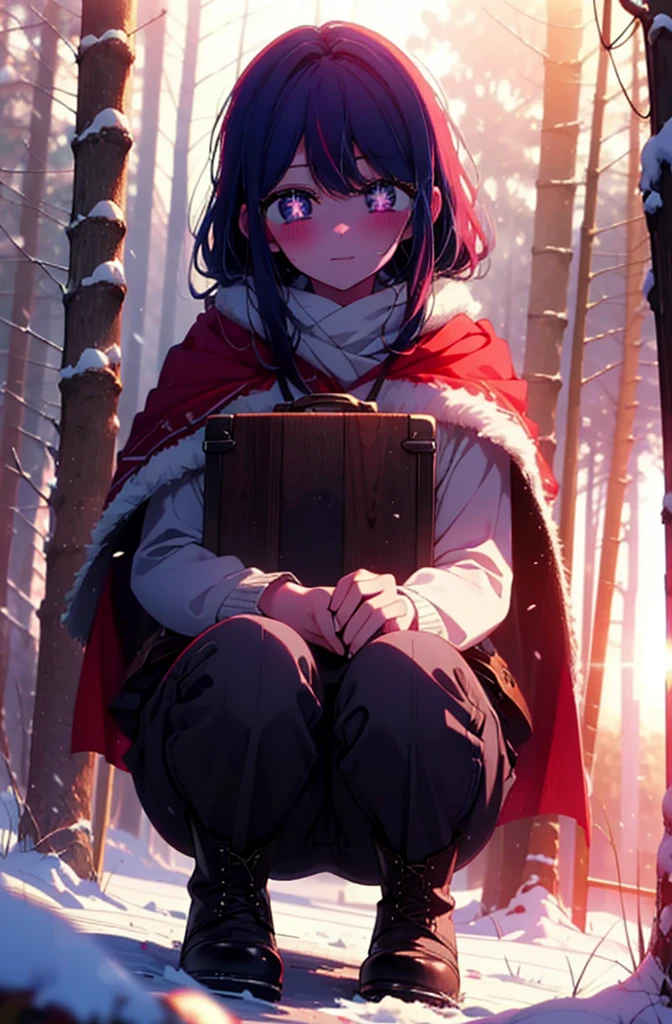 aihoshino, Ai Hoshino, Long Hair, bangs, (Purple eyes:1.1), Purple Hair, (Symbol-shaped pupil:1.5), smile,,smile,blush,white breath,
Open your mouth,snow,Ground bonfire, Outdoor, boots, snowing, From the side, wood, suitcase, Cape, Blurred, , forest, White handbag, nature, Squat, Mouth closed, Cape, winter, Written boundary depth, Black shoes, red Cape break looking at viewer, Upper Body, whole body, break Outdoor, forest, nature, break (masterpiece:1.2), Highest quality, High resolution, unity 8k wallpaper, (shape:0.8), (Beautiful and beautiful eyes:1.6), Highly detailed face, Perfect lighting, Highly detailed CG, (Perfect hands, Perfect Anatomy),
