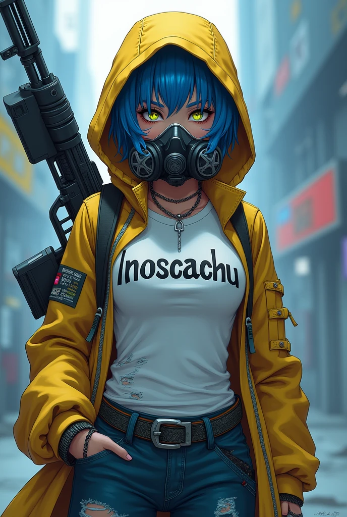 prompt: drawing style is like Akira Toriyama in Metal slug Arale , futuristic environment blue hair , gas or oxygen mask that covers the mouth and nose , The woman's style is like a dragon ball npc , The woman wears a coat with a yellow hood that covers part of her hair and wears a white t-shirt with the name Inoscachu written in black letters on the t-shirt. Torn clothing. A rifle on her back. Inoscachu written on the t-shirt. Correct the spelling. It is Inoscachu without spelling mistakes. Clothing torn by combat.