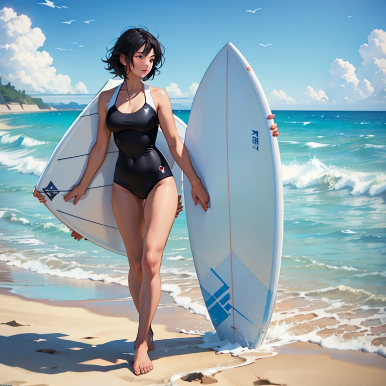 One beautiful woman、(Walk the beach with a surfboard)、(Draw the exact shape of a surfboard)、Swimwear、Short black hair、Beautiful sea、Blue sky and white clouds、 Detailed Description、(Highest quality, masterpiece, High resolution)、8k、wallpaper、