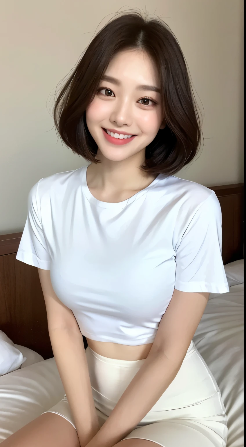 White tight shirt、White mini skirt、bed、smile、Short sleeve、High resolution、Korean idol face、double eyelid、short hair、White teeth