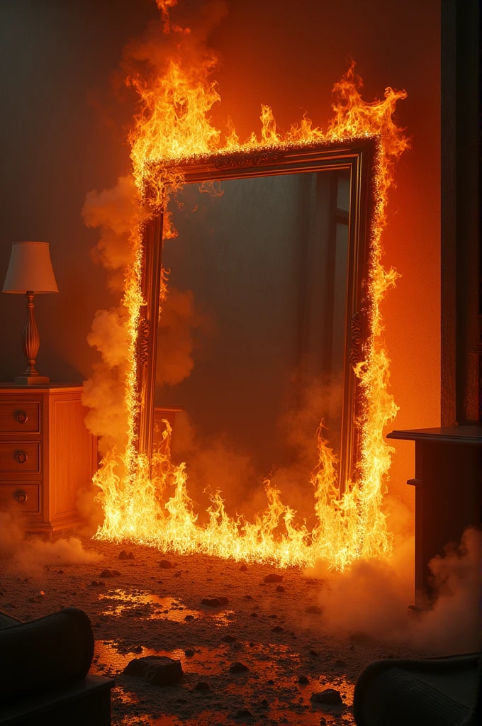 Mirror in a room burning in flames