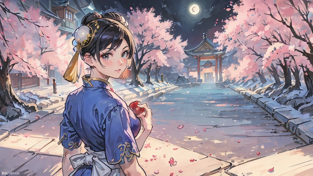 Street Fighter Chun-Li anime Cherry Blossoms at Night Looking Back moon China dress human 1 person Person big