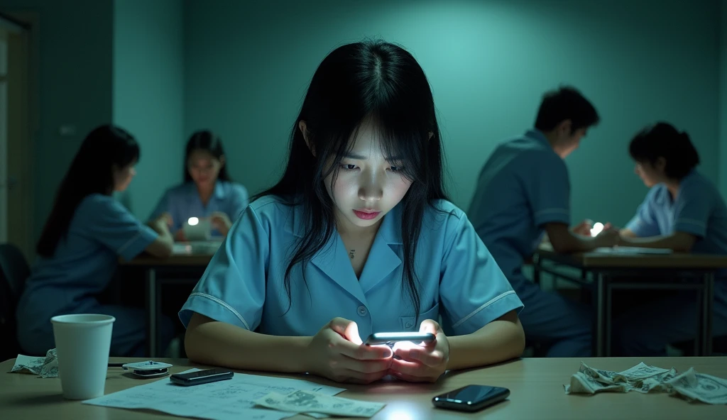 Create an image of an Asian female nurse addicted to online gambling,Sexual harassment,using phone