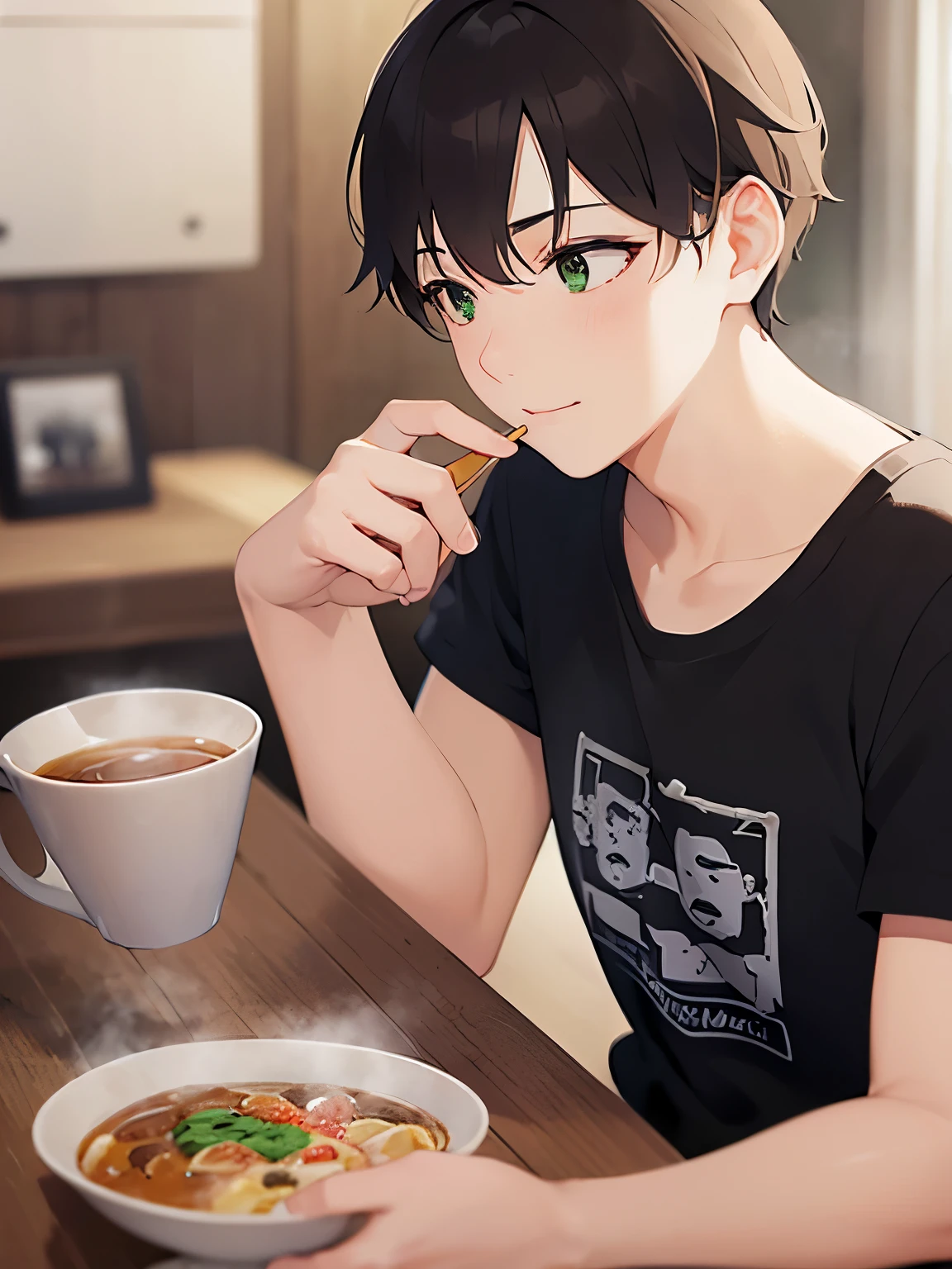 Biologically correct five fingers、side angle, (looking away:1.5), upper body、masterpiece、Highest quality、(2 male:1.5) and (Brown short hair) and (Green Eyes), (White T-shirt)、Sad smile、The background is the living room at night、alone、eating cup ramen