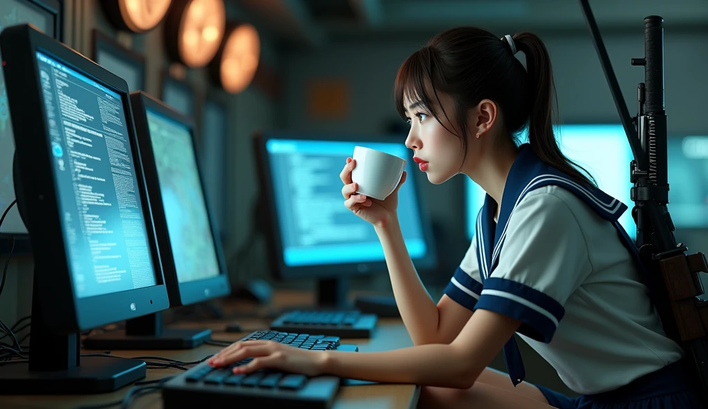 Browsing Caution:-2, Photorealistic, Highly realistic photos, (Highest quality:1.37), 32K resolution, (Realistic:1.37), (Ultra-realistic:1.37), High resolution UHD, Realistic, crouching:1.37, Beautiful Hacker, Famous Hackers, (face the computer:1.37), (Hacking is taking place:1.37), She hacks while drinking coffee:1.5, Anatomically correct５Finger, from side:1.5, Close your lips, Portrait of a Japan woman:1.21, School uniforms, Sailor uniforms from famous Tokyo Metropolitan High Schools, Short sleeve clothing, Short-sleeved sailor uniform:1.21, sera fuku:1.21, The upper body is wearing a uniform:1.21, Navy blue micro skirt, With a Japanese sword and an assault rifle on his back;1.21, Brown Hair, Low ponytail hair, Inside an aircraft carrier in an emergency:1.21, On the bridge of an aircraft carrier that had lost power:1.21, In the control room of an aircraft carrier:1.21, Confident face, Students in the 1970s, Cute Japanese woman's face:1.21, Sharp eyebrows:1.37, Active photos, Retro Photography, Dynamic and cinematic lighting,