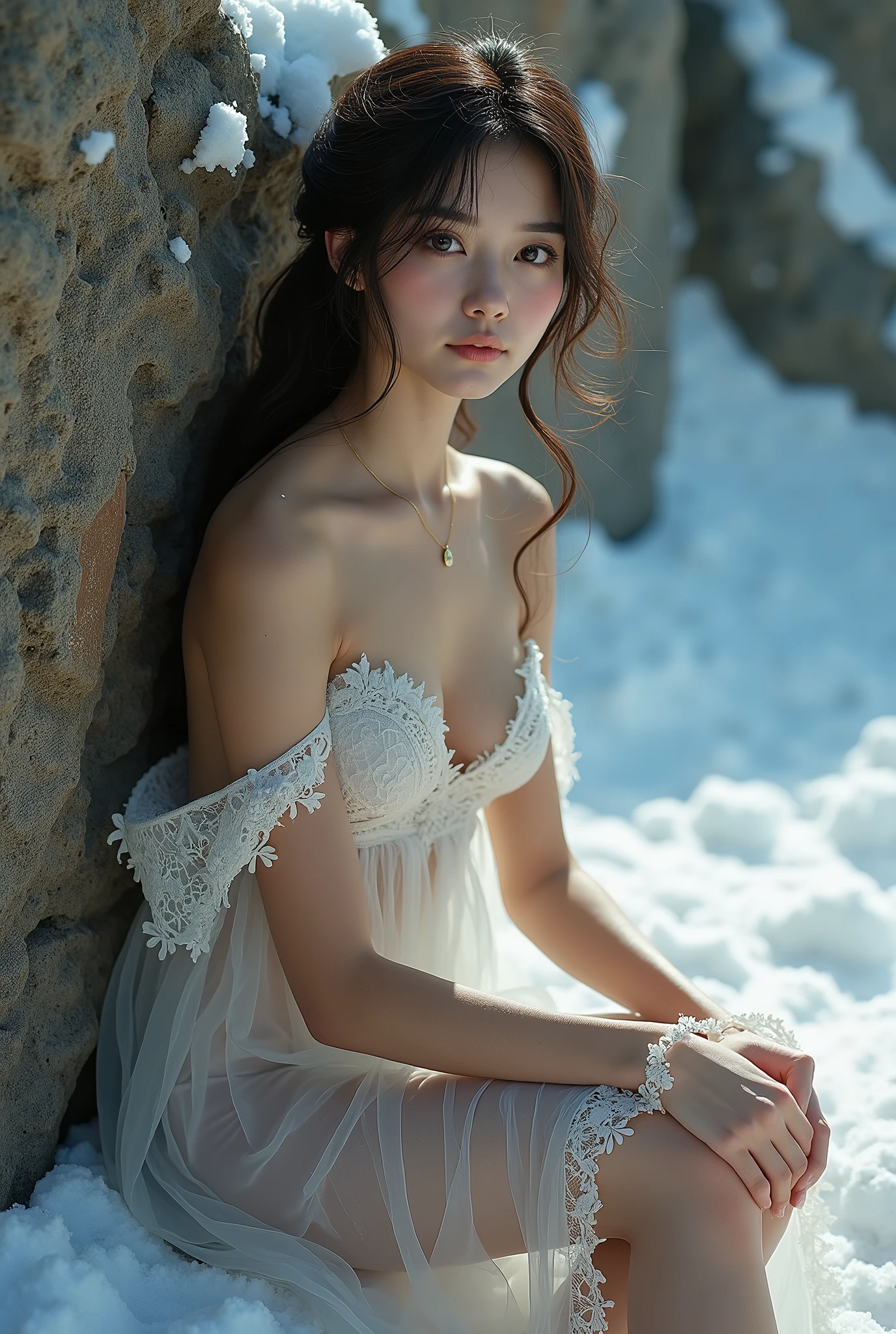 (masterpiece,Highest quality:1.4),(8k,RAW Photos,Photorealistic:1.4),Ultra-high resolution, ,(Glowing Skin:1.4),Detailed肌,Detailed顔,Detailed目,(Beautiful and shining eyes:1.2),Symmetrical eyes,Detailed耳,One person,Natural Makeup,(((Idol))),,Detailed背景,Vivid background,Beautiful and shiny hair,,((Average teenage breasts)),,(Detailed The Snow Queen,Sheer lace sexy dress,A bewitching figure sitting on a rock face,Snow falling background,,mysterious,whole body),,((Sharp Face)),Natural light,,(Very detailed ,,online shopping,LUMINE® Market,),real,,Professional,(Detailed,Location was great.),