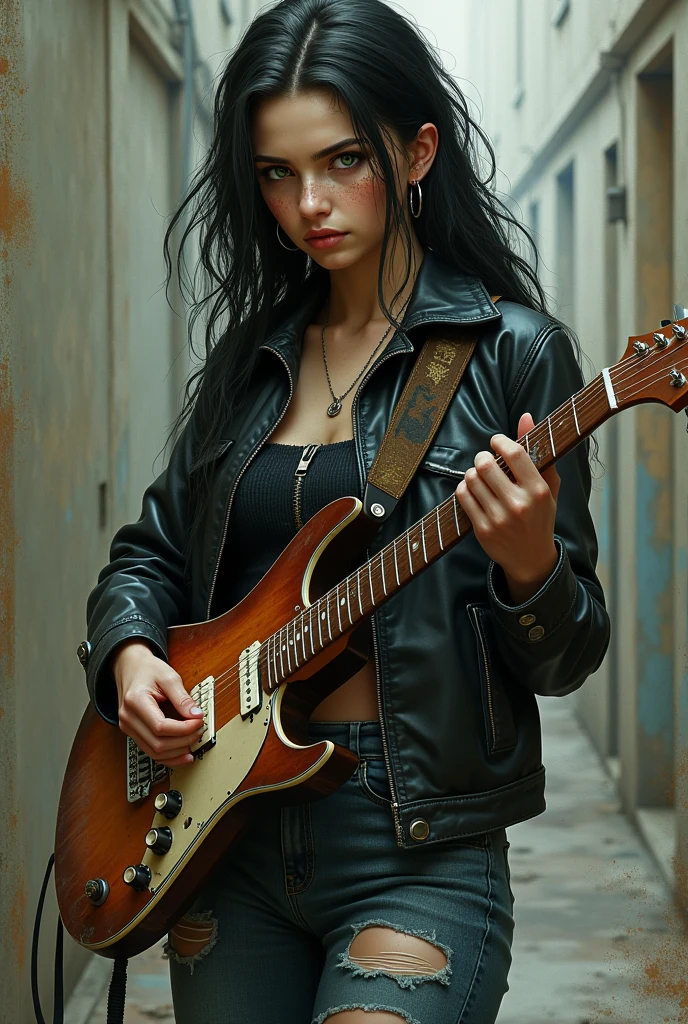 Adult girl with black hair, freckles on the face, green eyes, serious face, grunge clothing, playing the guitar.