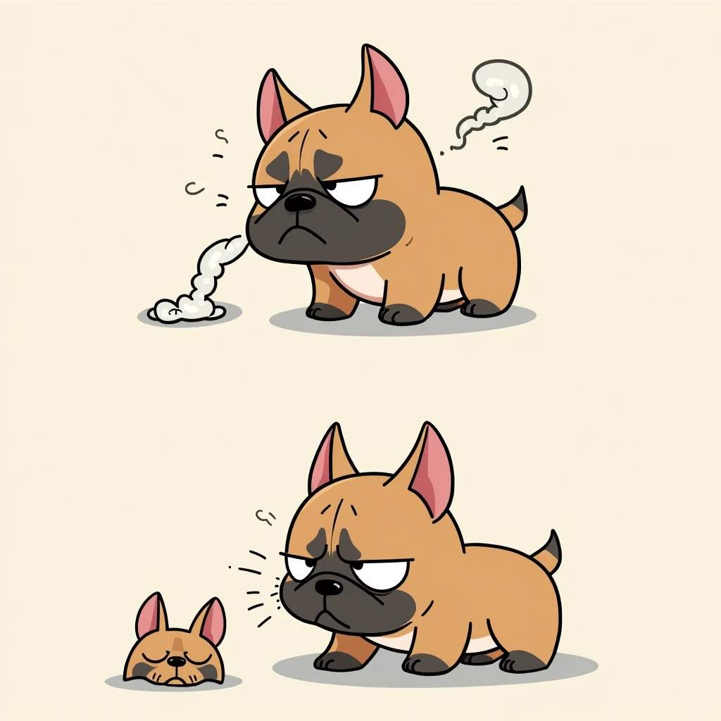 Chibi Style, 2-panel cartoon, dot halftone, Flat Color, French bulldog having difficulty breathing,Coughing,Sad, 