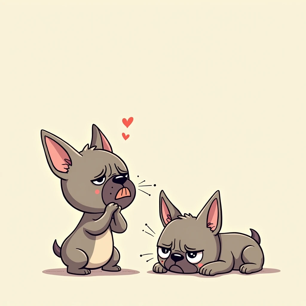 Chibi Style, 2-panel cartoon, dot halftone, Flat Color, French bulldog having difficulty breathing,Coughing,Sad, 