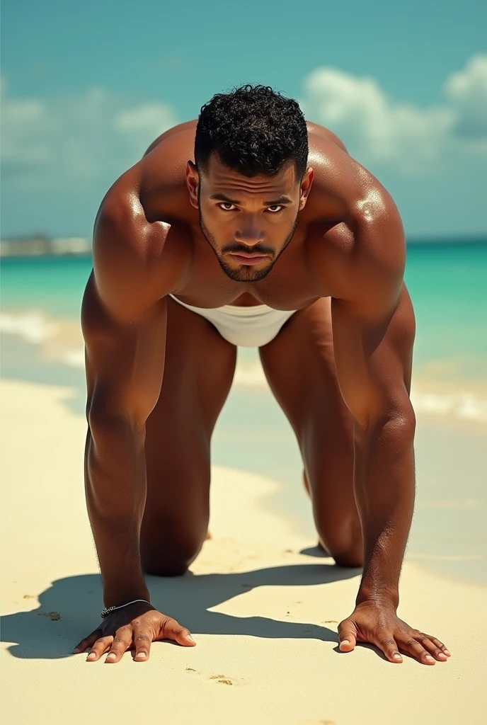 Strong, muscular Puerto Rican man in white underwear leaning over the sand, from the bar up, with hands and feet on the ground, with the body bent at an angle of 180°.