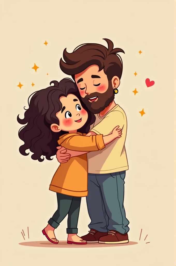 Create a chibi anime drawing of a bearded man with an earring hugging a curly-haired girl