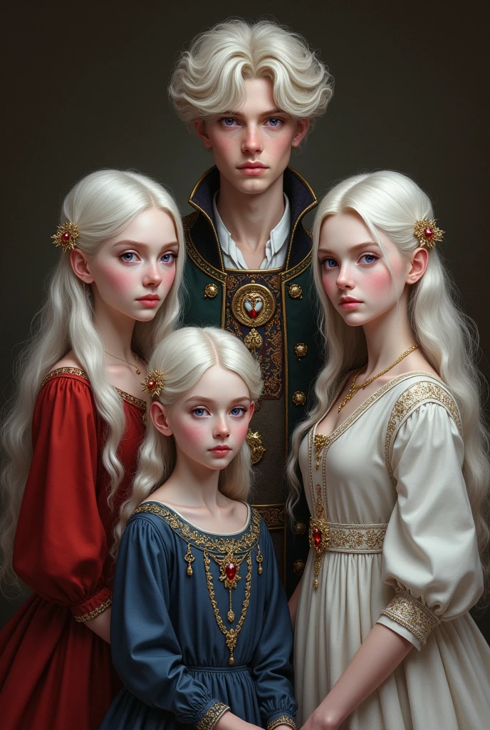 Create an image of four siblings, 1 male and 3 females.
The man is in the center of the image, he is the lord of the house.
the oldest sister is on the left side, and the other two, the youngest is on her brother's side and the middle one is a little further away from him.
They all have white hair and purple eyes, pale white skin, they are all beautiful.
They are in a medieval, middle ages setting, wearing period clothing and accessories. 