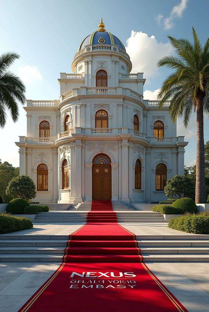 A wonderful and luxurious building with Singaporean architecture and the words Nexus Global Embassy exposed on a separate concrete with red carpet on the entrance with a good full view and angle