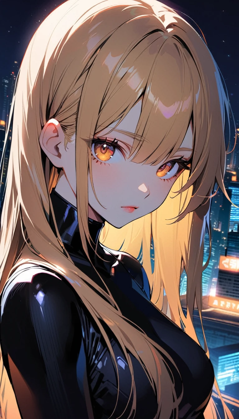 1woman, solo, long straight hair, blond hair, brown eyes, detailed eyes, light lips, 25years old, expressionless, wear black fitted bodysuit, looking at viewer, closed mouth, in the city at night
