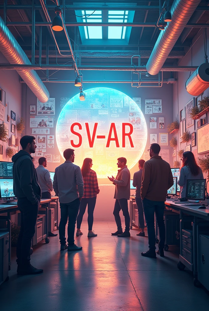 Make a CD cover with a sign saying SV-08-AR and dynamic images of people in the studio exchanging ideas