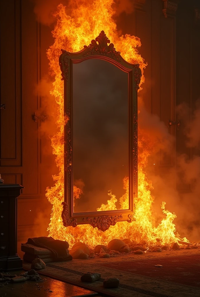 Mirror in a room burning in flames